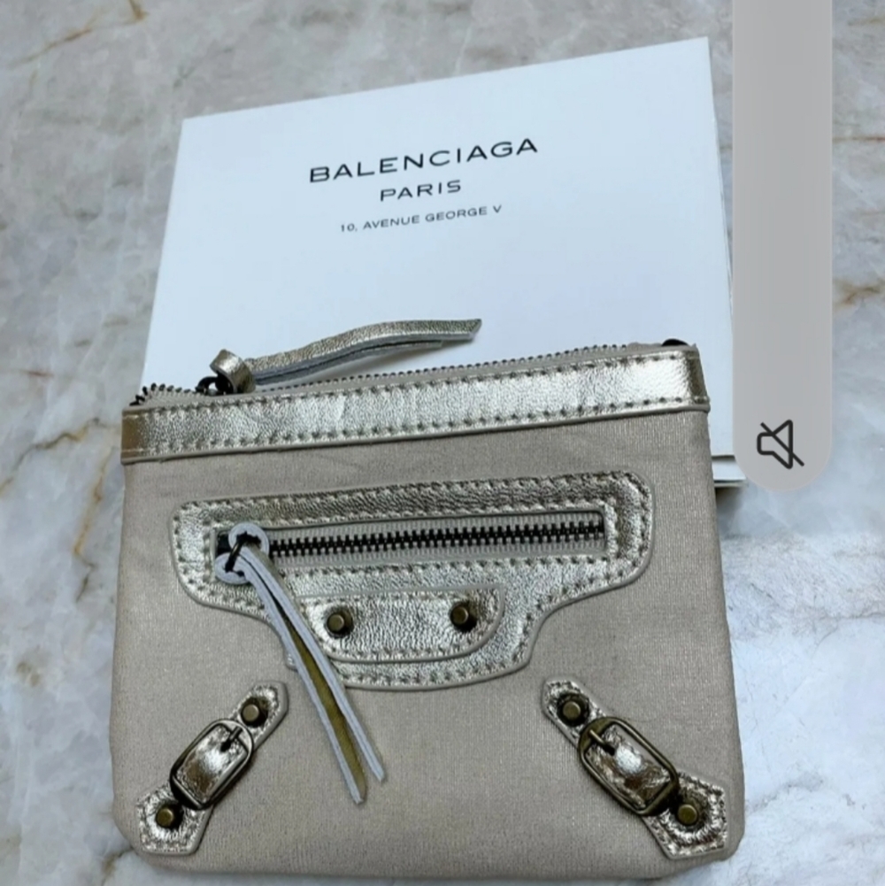 Balenciaga Paris Gold Leather Trim Card Coin Zip Holder Wallet